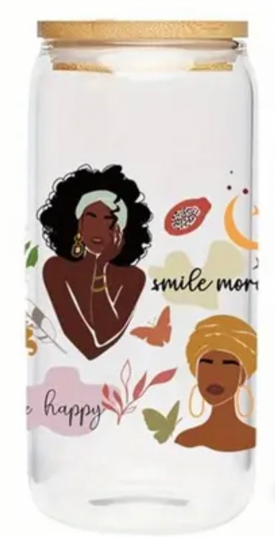 Smile More glass cup, Black Girl Magic Iced coffee cup | Gift for black women | mental health