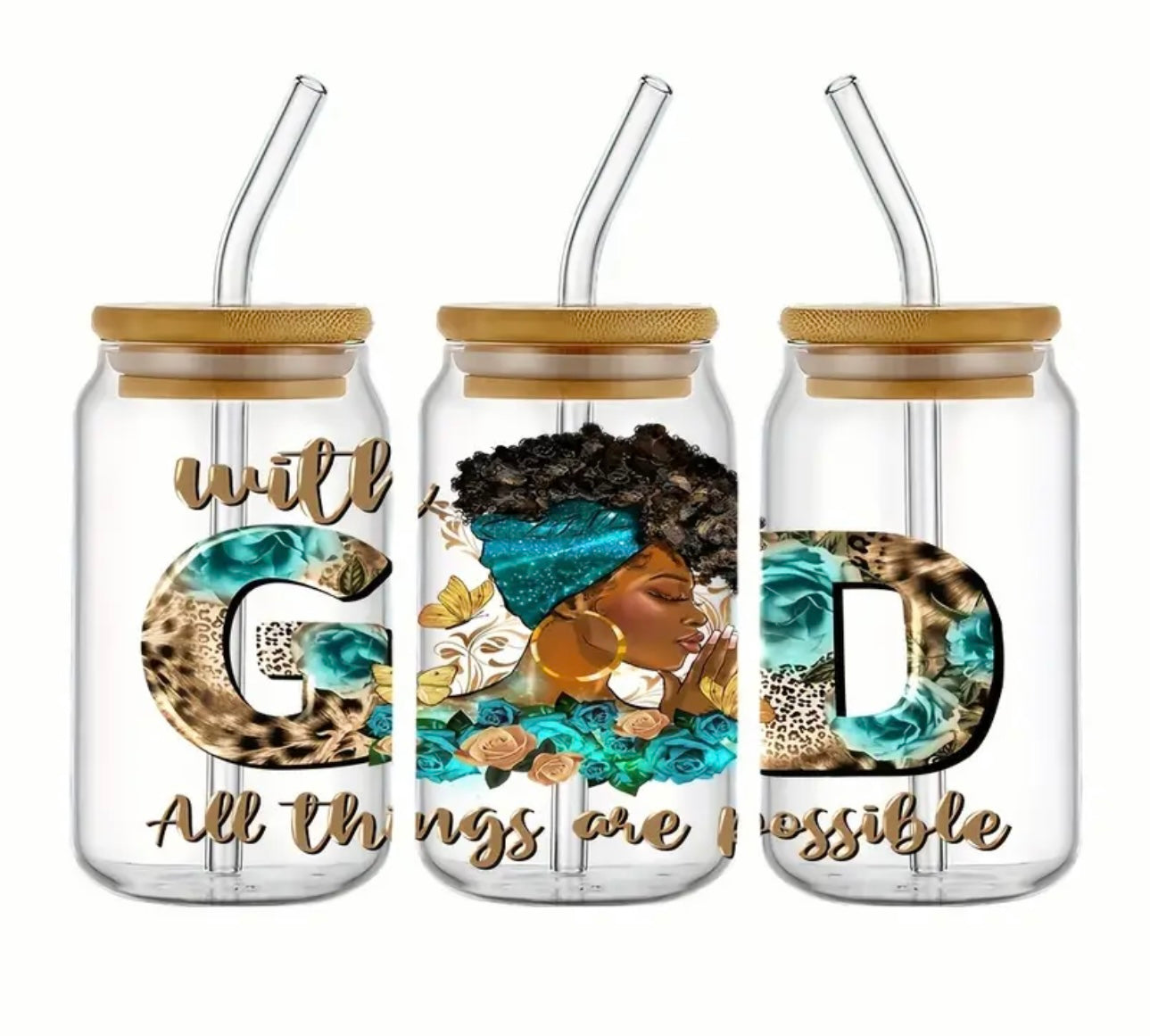 All Things Are Possible With God glass cup, Black Girl Magic Iced coffee cup | Gift for black women | mental health